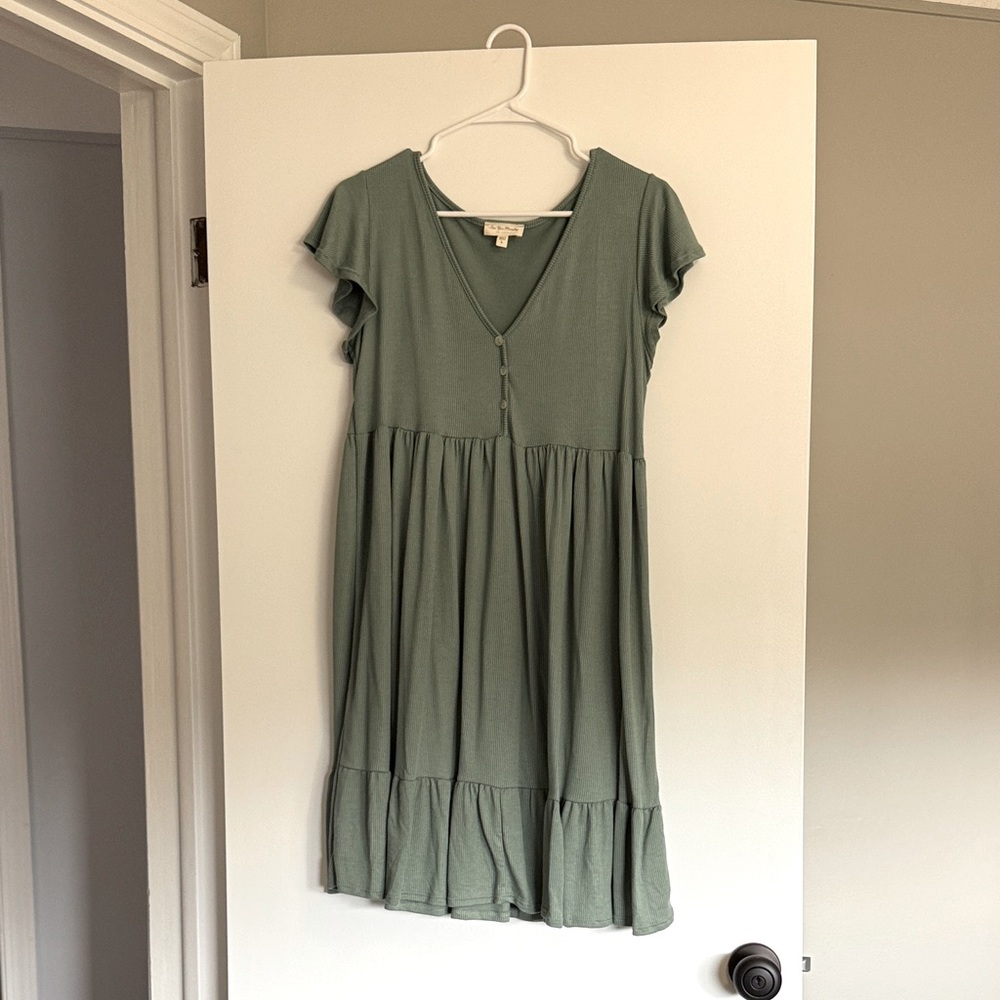 Green V-Neck Ruffle Dress